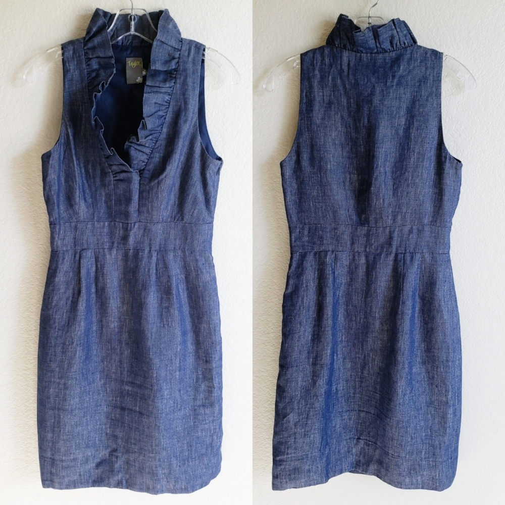 Taylor 100% Linen Navy Blue Ruffle Detail Sleeveless Dress size 4